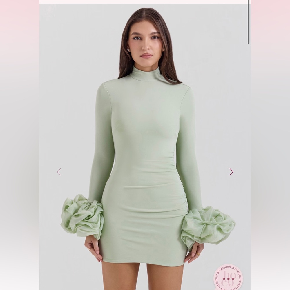 House of CB Sage Green High Neck Mini Dress with Ruffle Cuffs